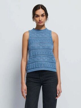 Nation LTD Lina Pointelle Sleeveless Sweater Vest Faded Denim Size M
